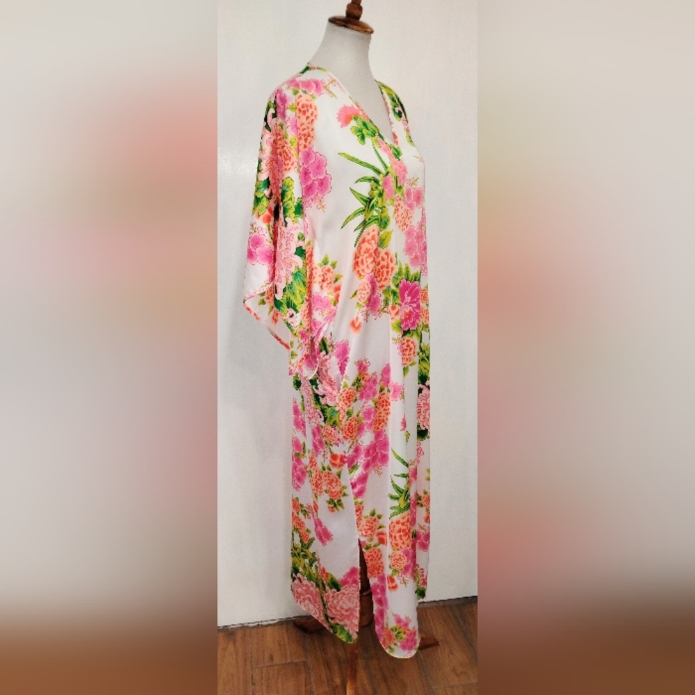 Natori White Floral Caftan with Pink & Green Print
